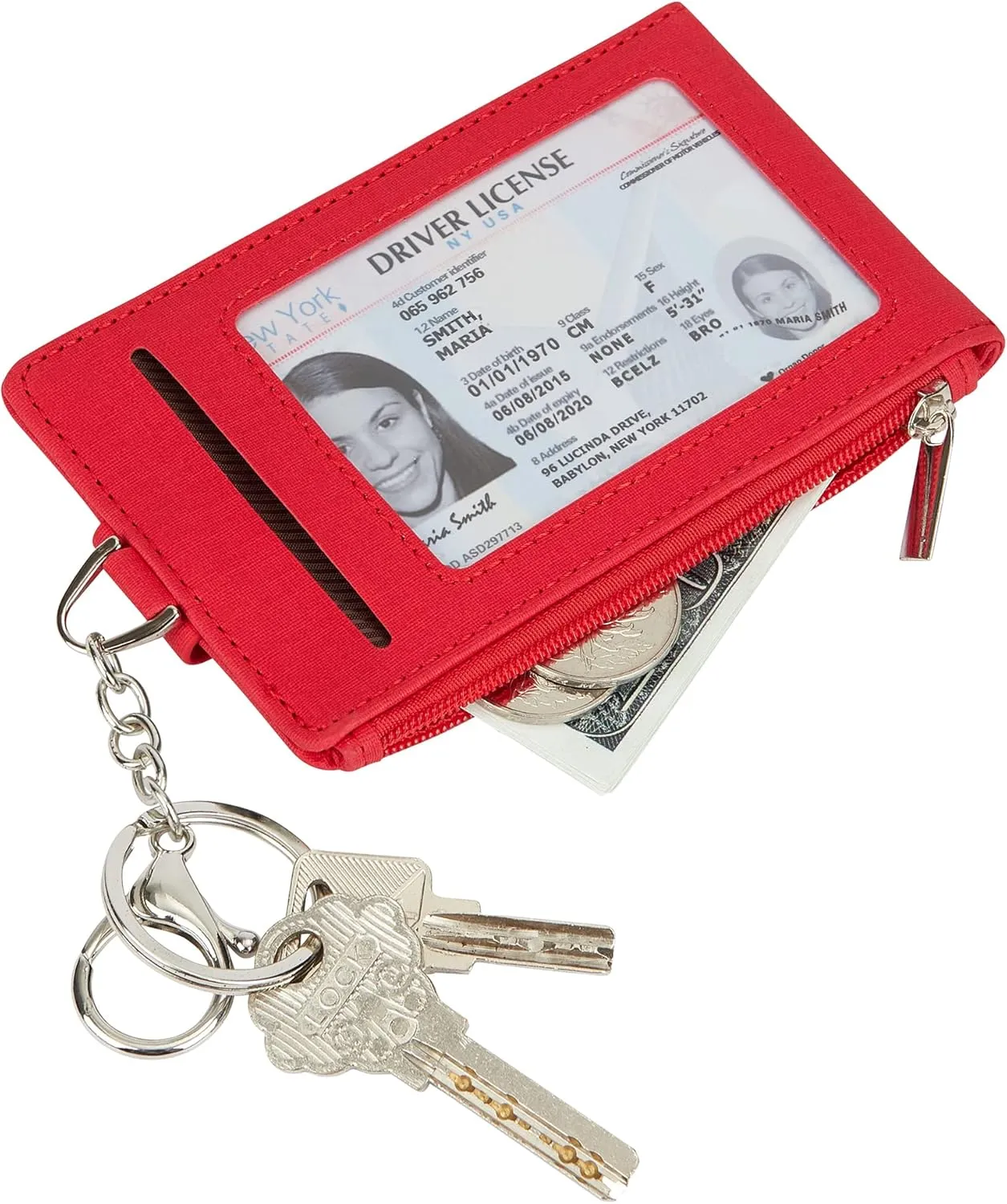 Women & Men Keychain Card Holder Case Zipper Slim Minimalist Front Pocket Wallet with 2 ID Window, Red