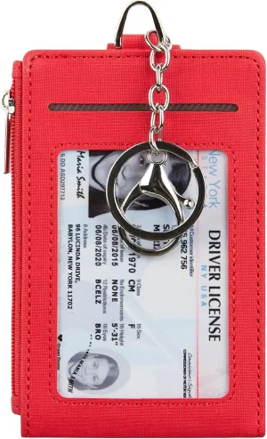 Women & Men Keychain Card Holder Case Zipper Slim Minimalist Front Pocket Wallet with 2 ID Window, Red