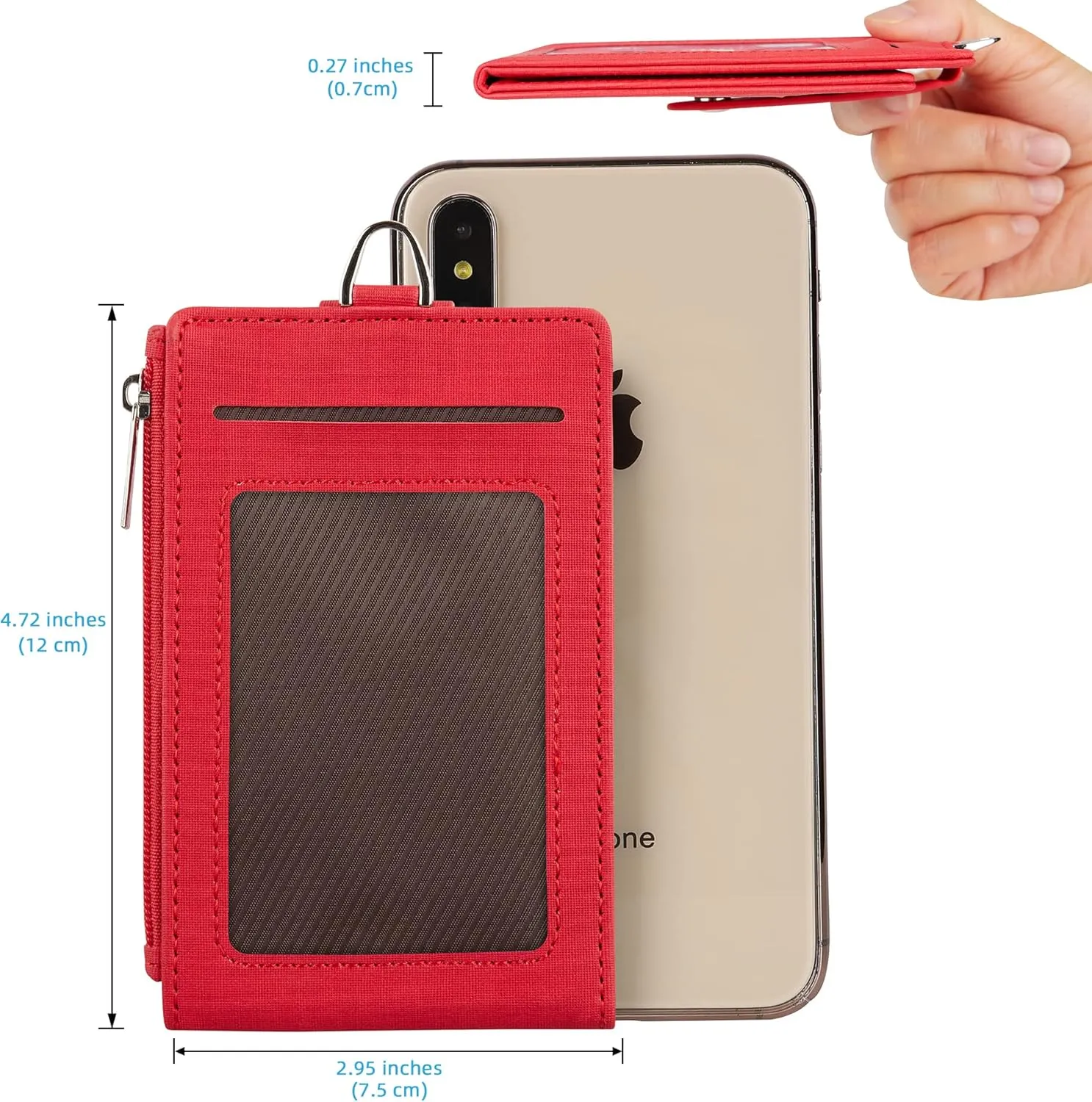 Women & Men Keychain Card Holder Case Zipper Slim Minimalist Front Pocket Wallet with 2 ID Window, Red
