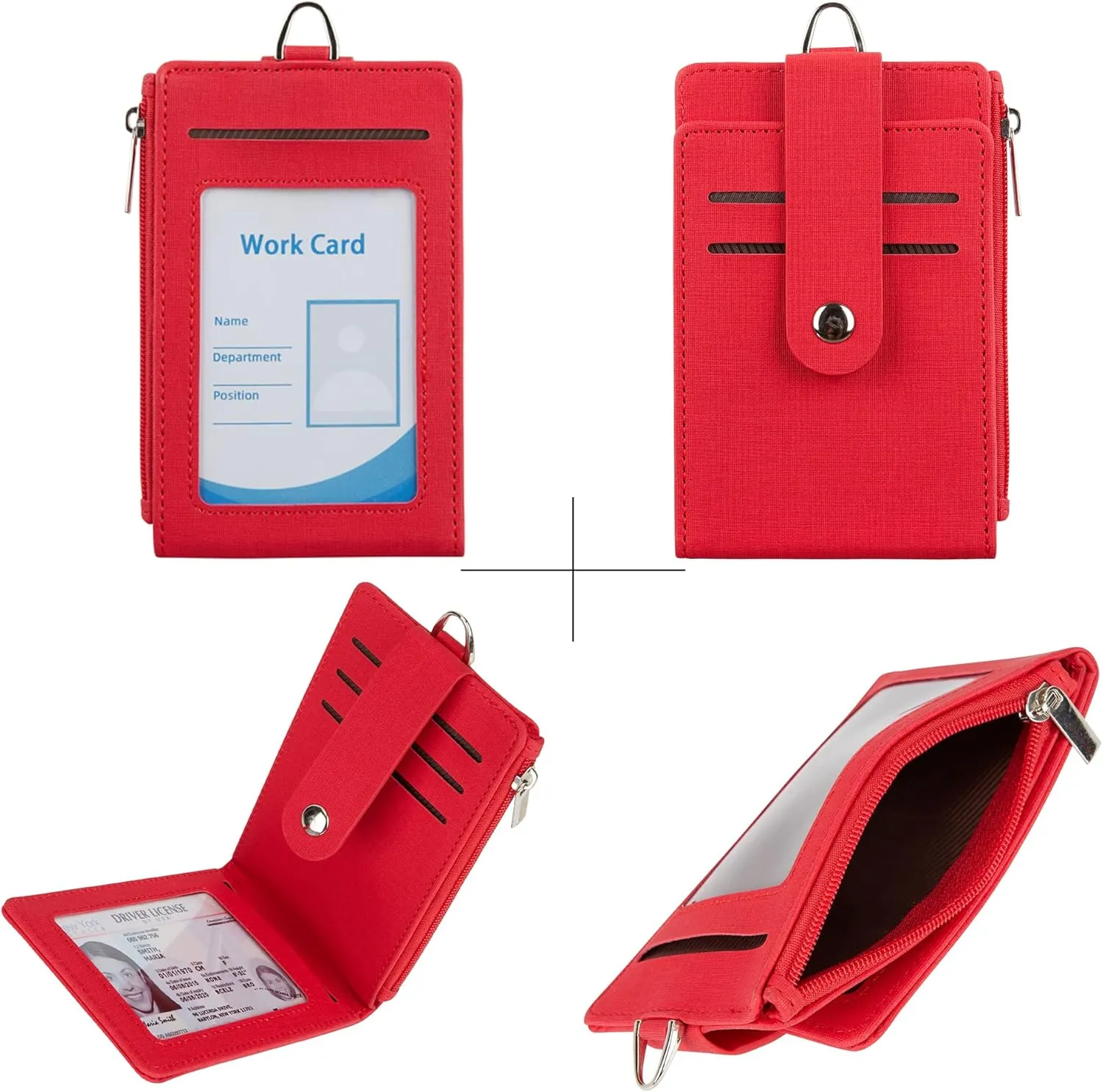 Women & Men Keychain Card Holder Case Zipper Slim Minimalist Front Pocket Wallet with 2 ID Window, Red