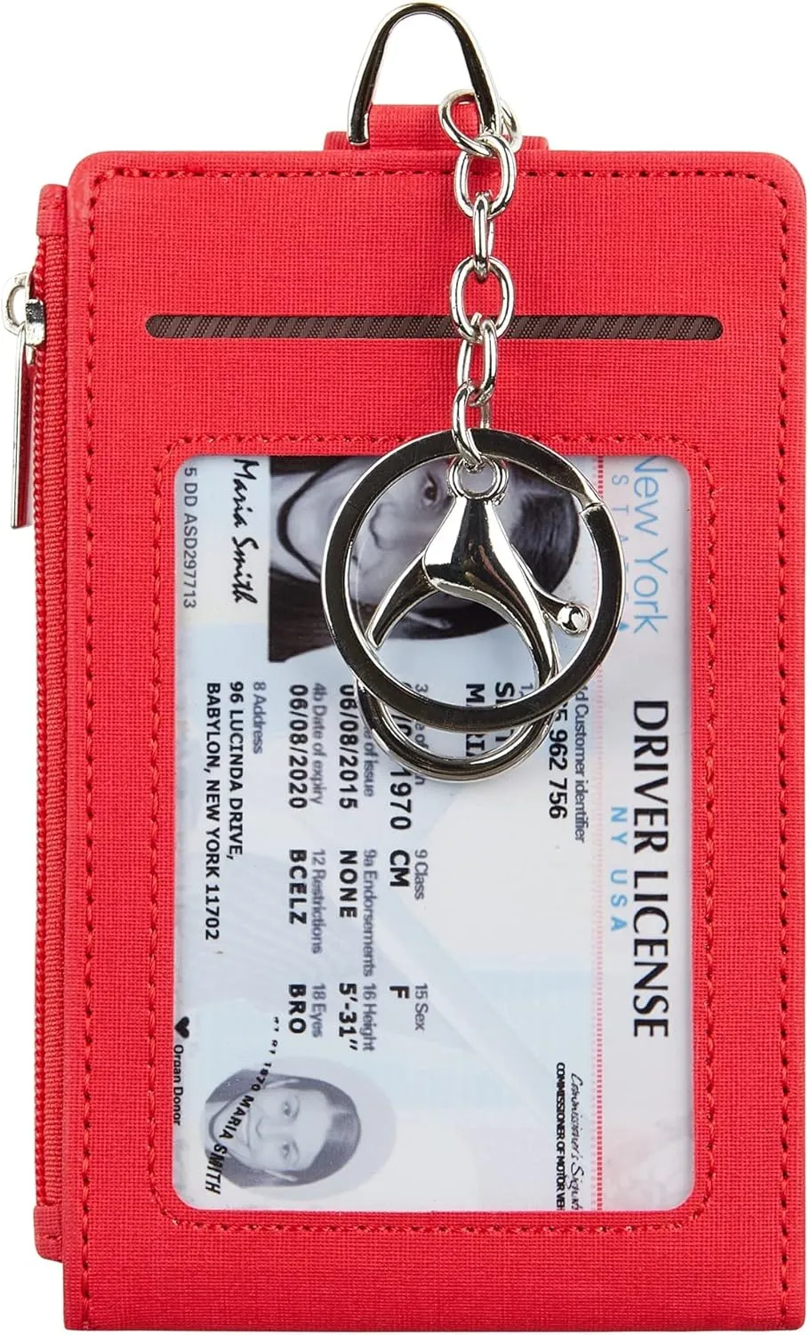Women & Men Keychain Card Holder Case Zipper Slim Minimalist Front Pocket Wallet with 2 ID Window, Red
