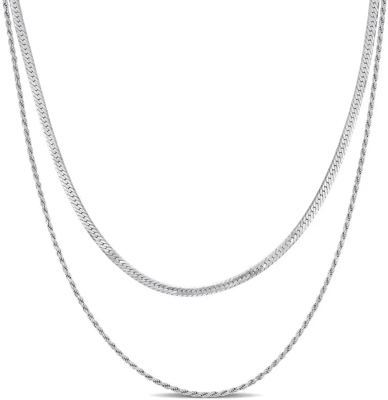 Women's Double-Strand 4.5mm Herringbone and Rope Chain Necklace - Italian Sterling Silver or Yellow Gold Flashed Plated - Adjustable 16" 2" Extender
