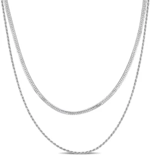 Women's Double-Strand 4.5mm Herringbone and Rope Chain Necklace - Italian Sterling Silver or Yellow Gold Flashed Plated - Adjustable 16" 2" Extender