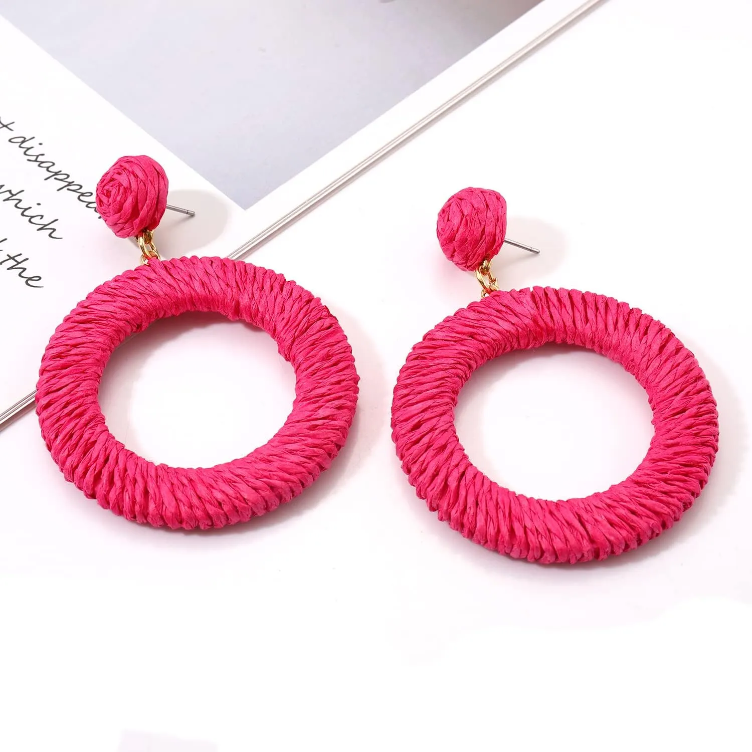 Woven Rattan Earrings Boho Colored Straw Wicker Braid Drop Dangle Earrings Handmade Round Circle Hoop Earrings Statement Stud Earrings For Women