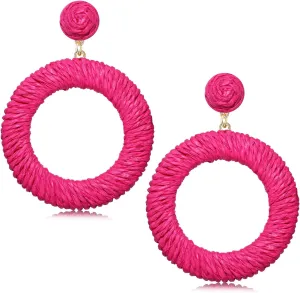 Woven Rattan Earrings Boho Colored Straw Wicker Braid Drop Dangle Earrings Handmade Round Circle Hoop Earrings Statement Stud Earrings For Women