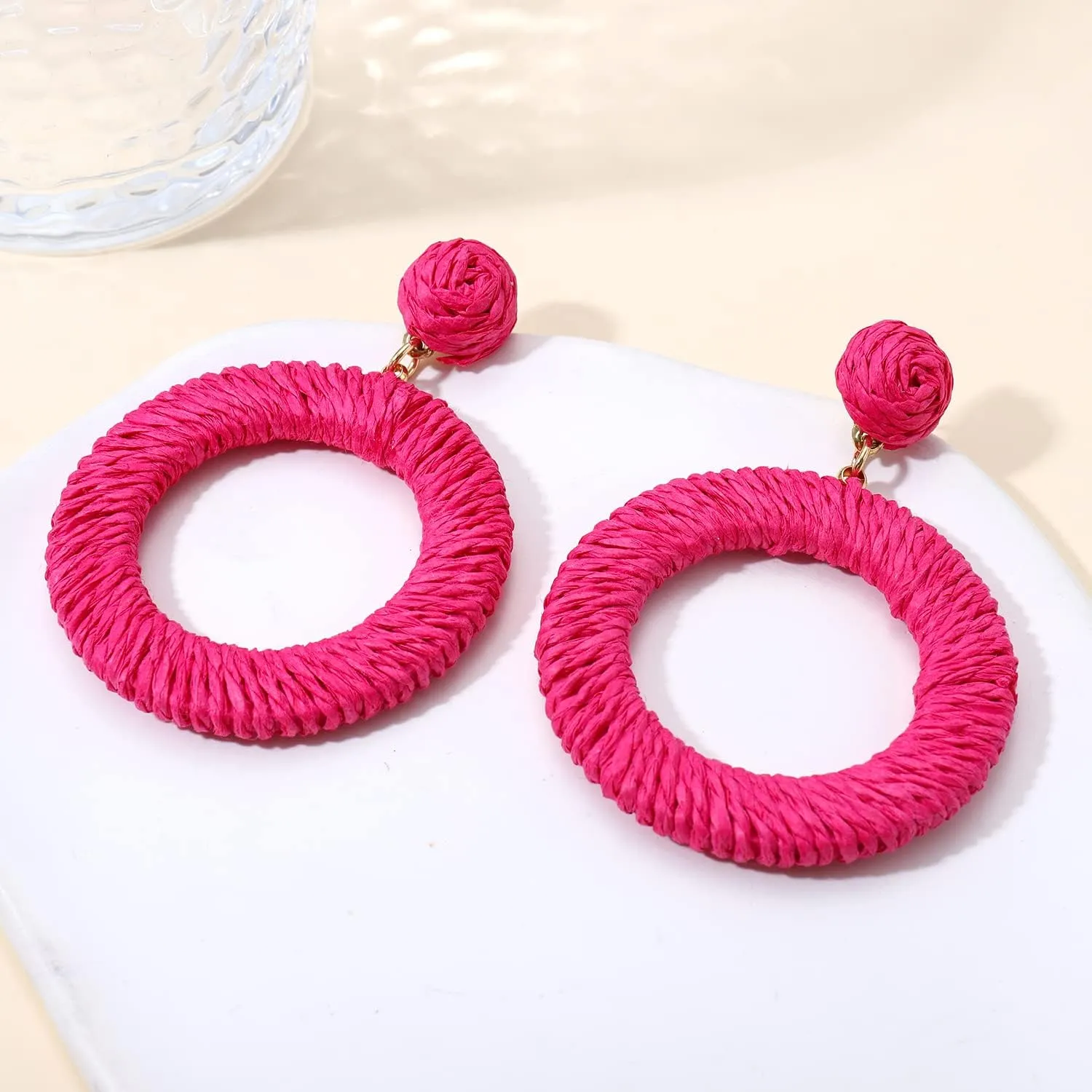 Woven Rattan Earrings Boho Colored Straw Wicker Braid Drop Dangle Earrings Handmade Round Circle Hoop Earrings Statement Stud Earrings For Women