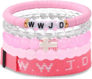 WWJD Bracelet Set for Women Men Adjustable WWJD Wristbands Christian Cross Bracelet Stackable Boho Clay Bead Bracelets Stretch Glass Beaded Inspirational Christian Jewelry Gift