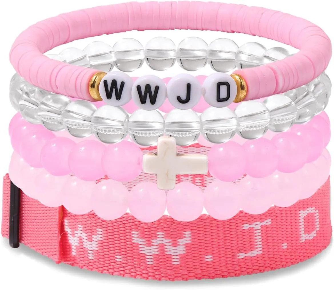 WWJD Bracelet Set for Women Men Adjustable WWJD Wristbands Christian Cross Bracelet Stackable Boho Clay Bead Bracelets Stretch Glass Beaded Inspirational Christian Jewelry Gift