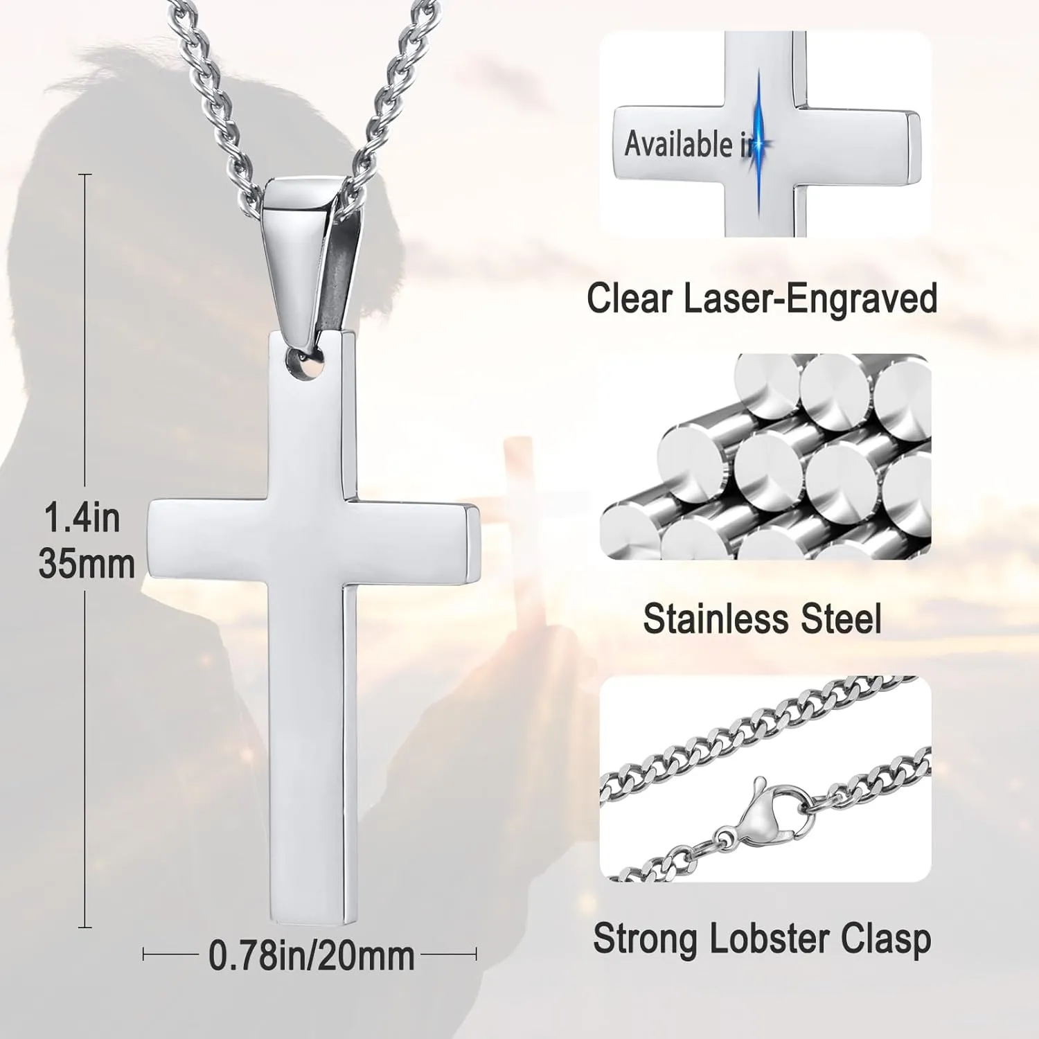 XUANPAI Cross Necklace,Custom Engravable Cross Pendant Necklace Easter Jewelry Christian Birthday Gifts for Men Women
