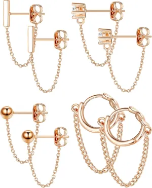 YADOCA 4 Pairs Chain Earrings for Women CZ Ball Bar Huggie Hoop Piercing Dangle Chain Stud Earring Set Gold Silver Rose Gold