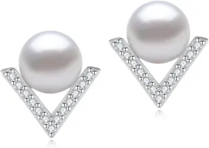 YAMI Cultured Pearl Stud Earrings for Women, 925 Sterling Silver Classic Earrings, 7.5mm White/Black Pearl Jewelry Gifts for Mom Grandmother