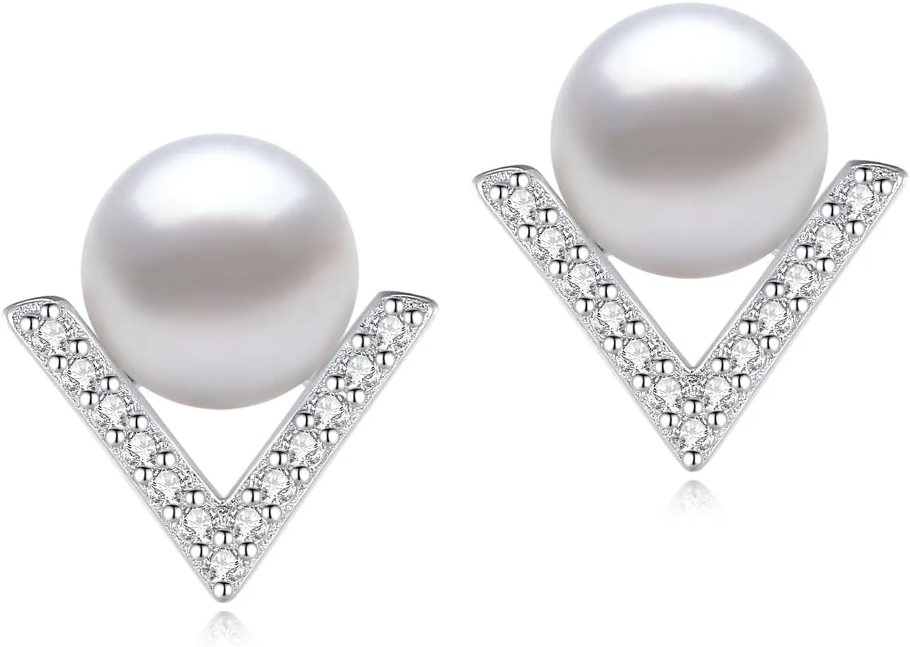 YAMI Cultured Pearl Stud Earrings for Women, 925 Sterling Silver Classic Earrings, 7.5mm White/Black Pearl Jewelry Gifts for Mom Grandmother