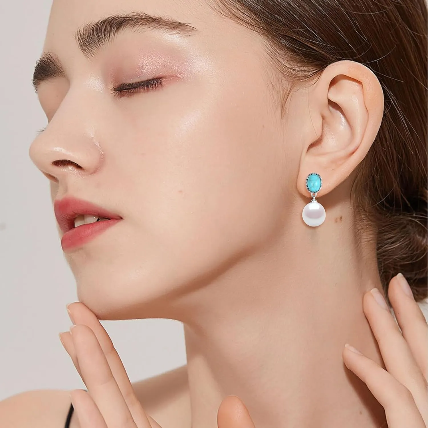 YAMI Freshwater Cultured Pearl with Turquoise Stud Earrings for Women, 925 Sterling Silver 8-9MM Baroque Pearl Drop Dangle Earrings, Women's Fashion Accessories Jewelry Gifts