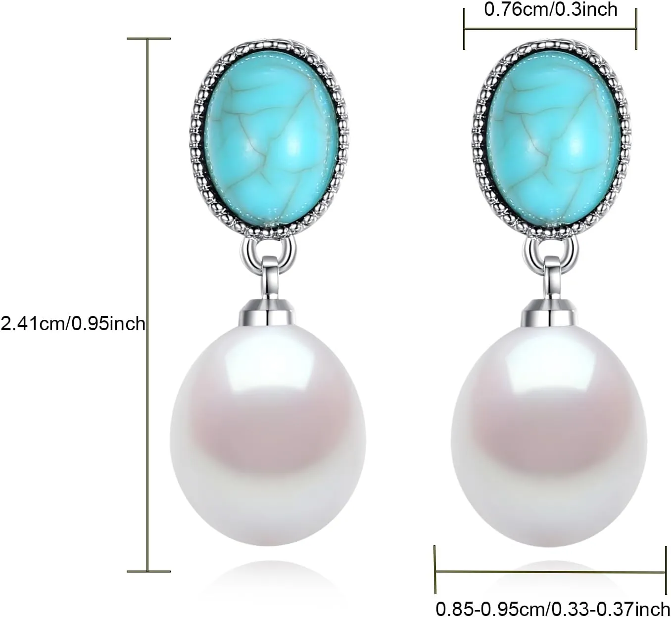 YAMI Freshwater Cultured Pearl with Turquoise Stud Earrings for Women, 925 Sterling Silver 8-9MM Baroque Pearl Drop Dangle Earrings, Women's Fashion Accessories Jewelry Gifts