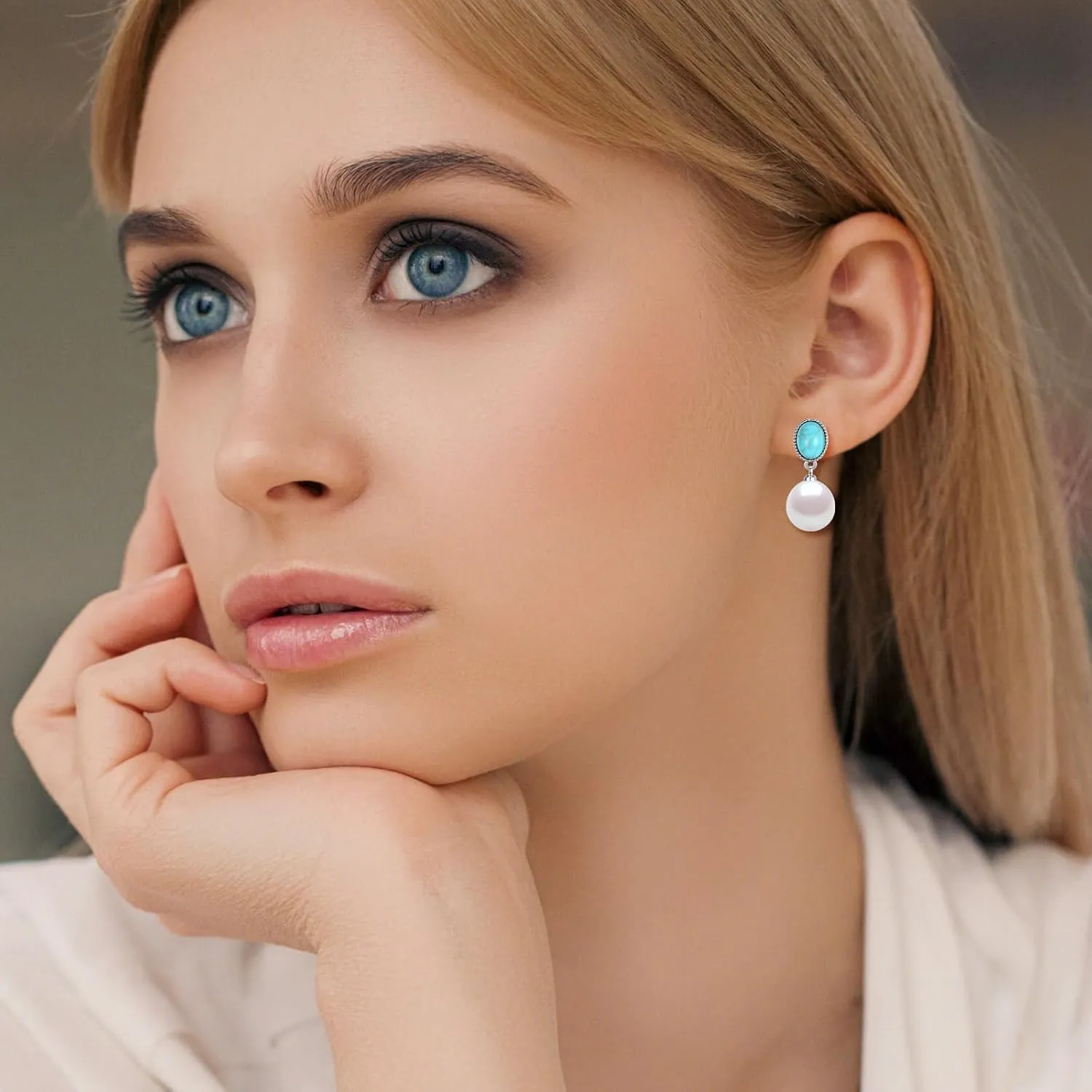 YAMI Freshwater Cultured Pearl with Turquoise Stud Earrings for Women, 925 Sterling Silver 8-9MM Baroque Pearl Drop Dangle Earrings, Women's Fashion Accessories Jewelry Gifts