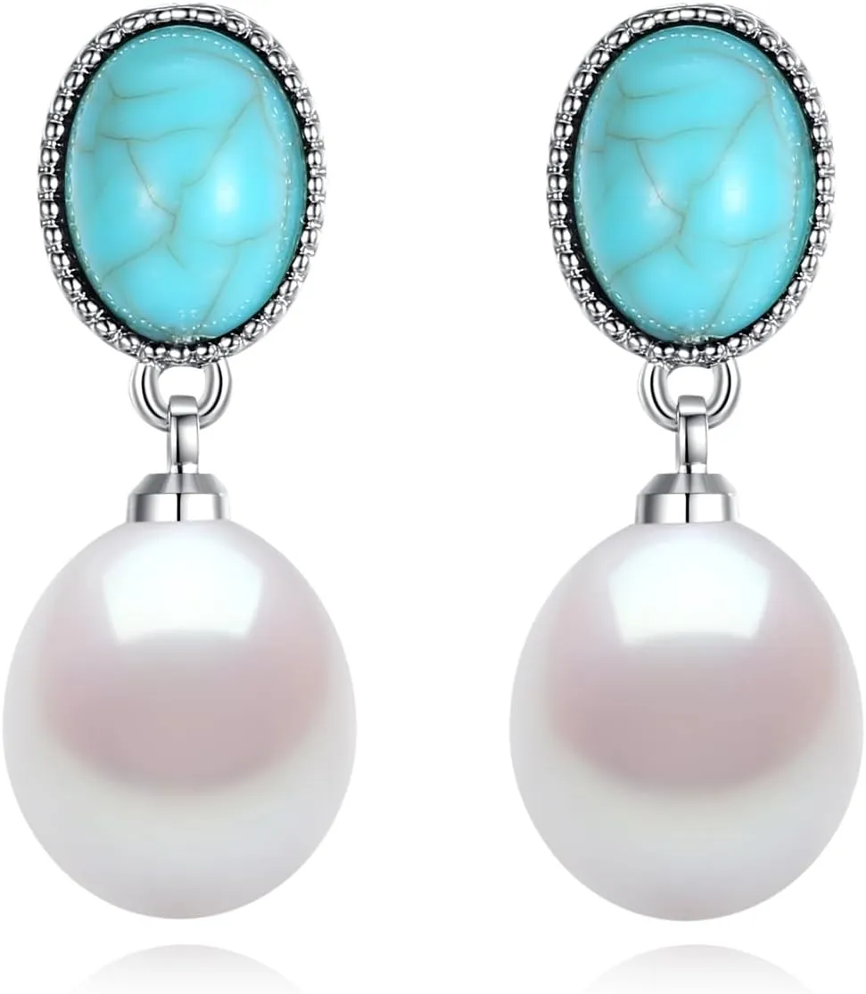 YAMI Freshwater Cultured Pearl with Turquoise Stud Earrings for Women, 925 Sterling Silver 8-9MM Baroque Pearl Drop Dangle Earrings, Women's Fashion Accessories Jewelry Gifts