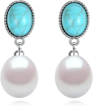 YAMI Freshwater Cultured Pearl with Turquoise Stud Earrings for Women, 925 Sterling Silver 8-9MM Baroque Pearl Drop Dangle Earrings, Women's Fashion Accessories Jewelry Gifts
