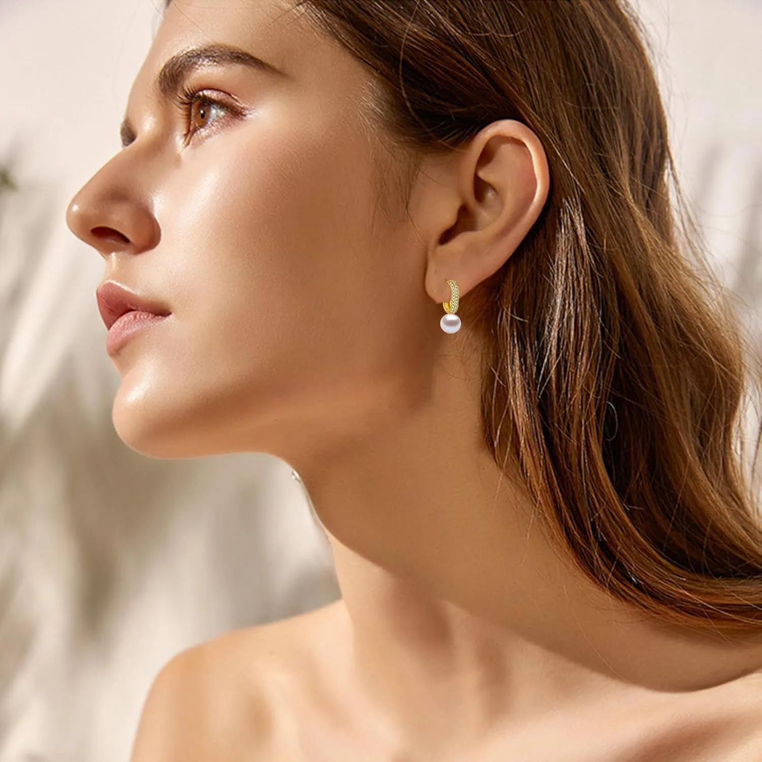 YAMI Natural Round Pearl Earrings, 925 Sterling Silver Cubic Zirconia Open Hoop Earrings for Women, 6-7MM Saltwater/Freshwater Cultured Pearl Jewelry Gifts for Mother
