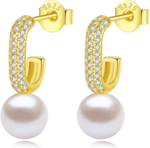 YAMI Natural Round Pearl Earrings, 925 Sterling Silver Cubic Zirconia Open Hoop Earrings for Women, 6-7MM Saltwater/Freshwater Cultured Pearl Jewelry Gifts for Mother