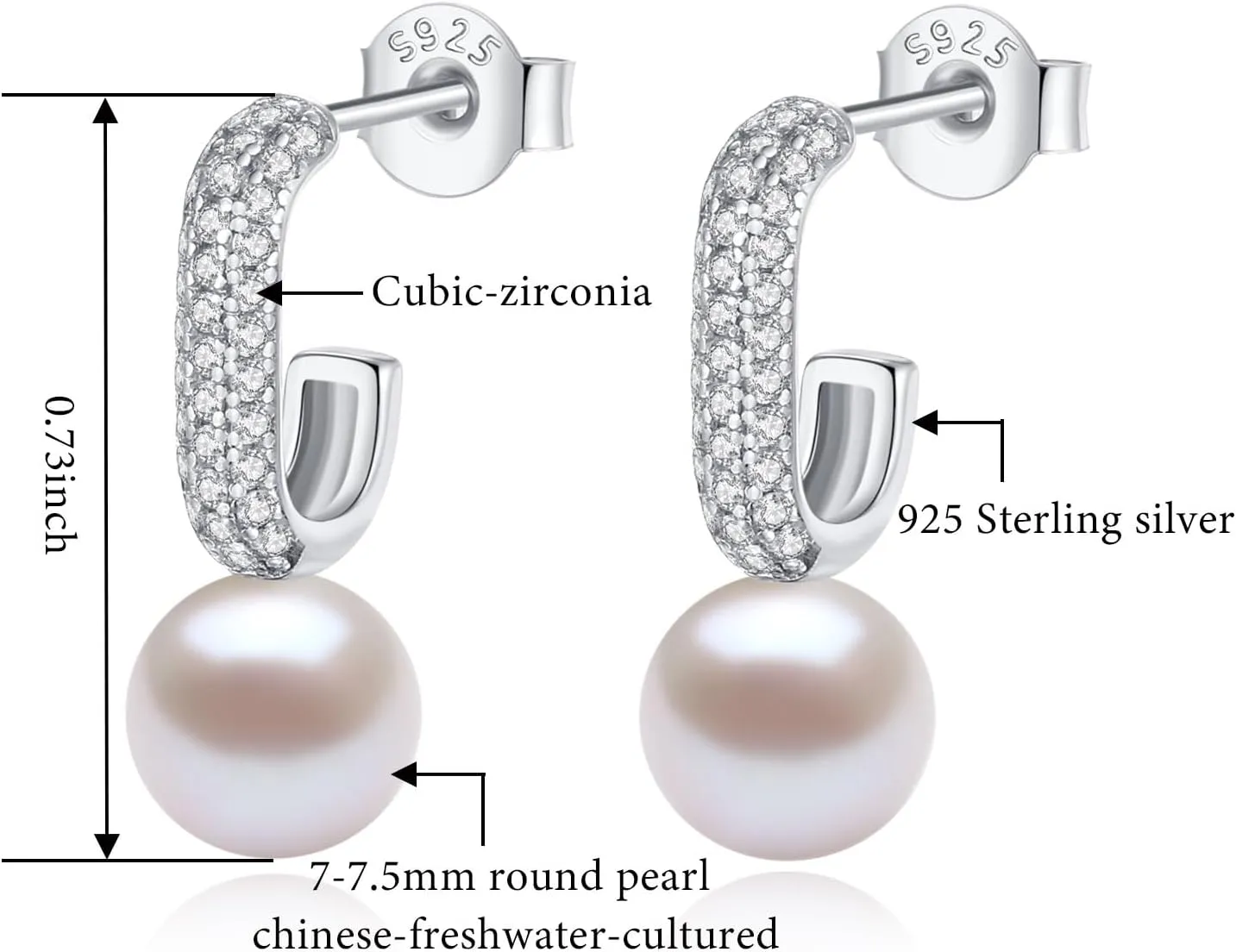 YAMI Natural Round Pearl Earrings, 925 Sterling Silver Cubic Zirconia Open Hoop Earrings for Women, 6-7MM Saltwater/Freshwater Cultured Pearl Jewelry Gifts for Mother