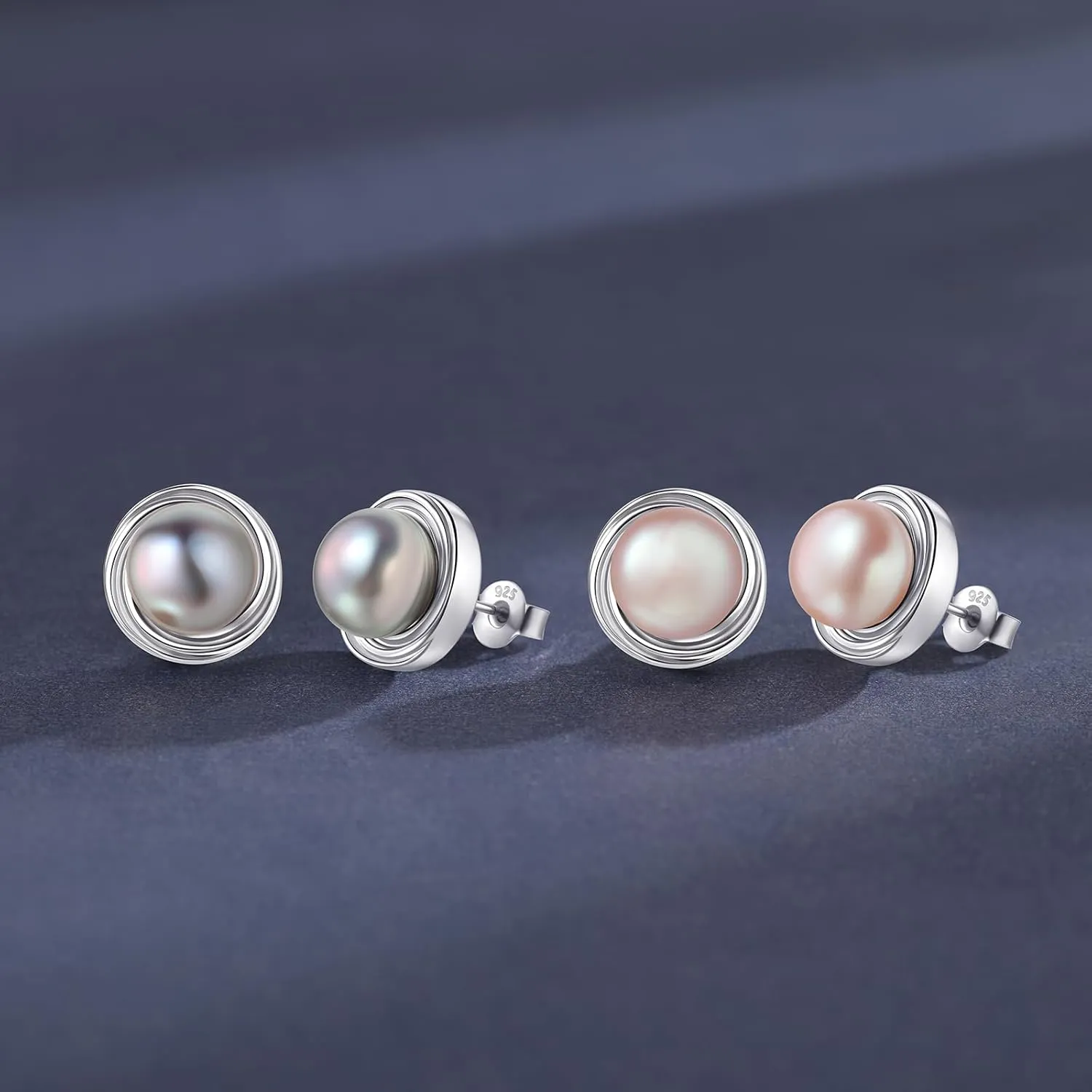 YAMI Sterling Silver Natural Cultured Pearl Earrings for Women, Black/White/Pink/Grey Pearl Stud Earrings 8MM, Hypoallergenic Jewelry Gifts for Mother Wife Her