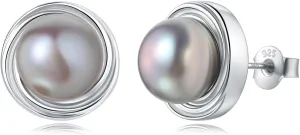 YAMI Sterling Silver Natural Cultured Pearl Earrings for Women, Black/White/Pink/Grey Pearl Stud Earrings 8MM, Hypoallergenic Jewelry Gifts for Mother Wife Her