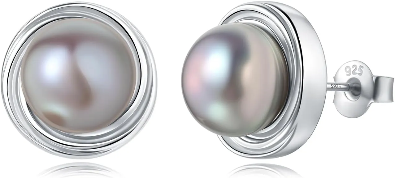 YAMI Sterling Silver Natural Cultured Pearl Earrings for Women, Black/White/Pink/Grey Pearl Stud Earrings 8MM, Hypoallergenic Jewelry Gifts for Mother Wife Her