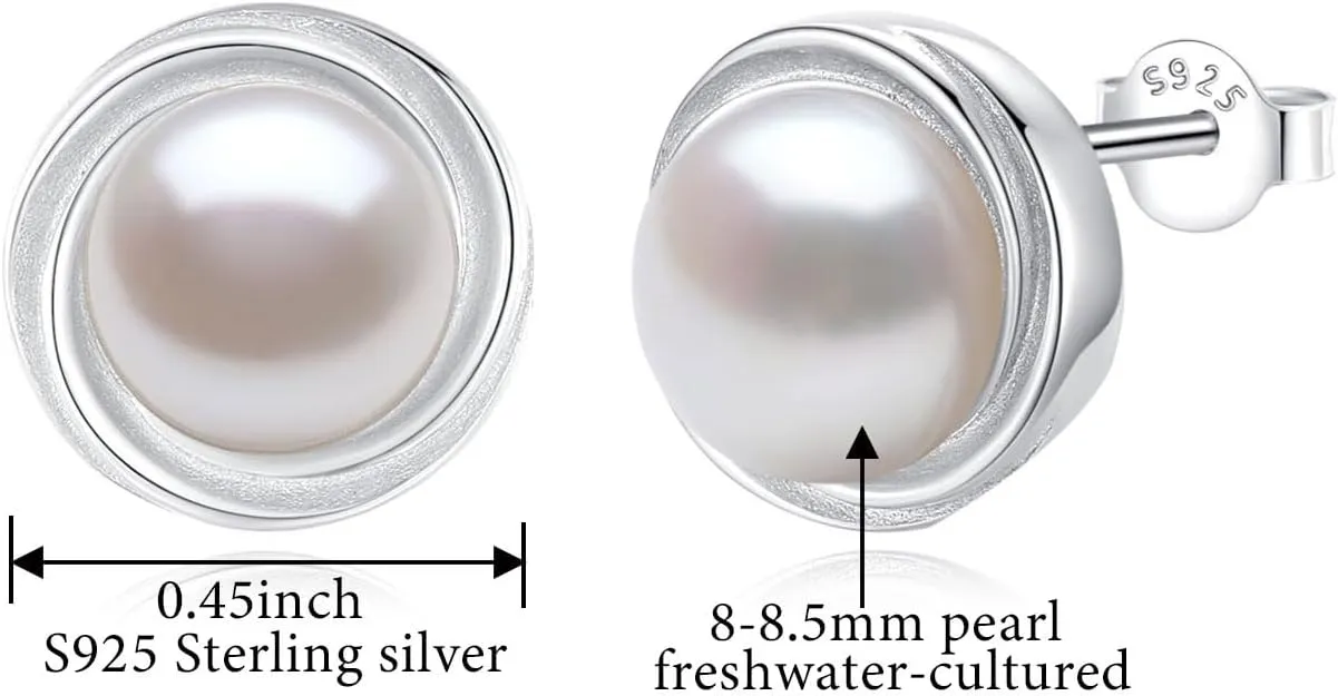 YAMI Sterling Silver Natural Cultured Pearl Earrings for Women, Black/White/Pink/Grey Pearl Stud Earrings 8MM, Hypoallergenic Jewelry Gifts for Mother Wife Her