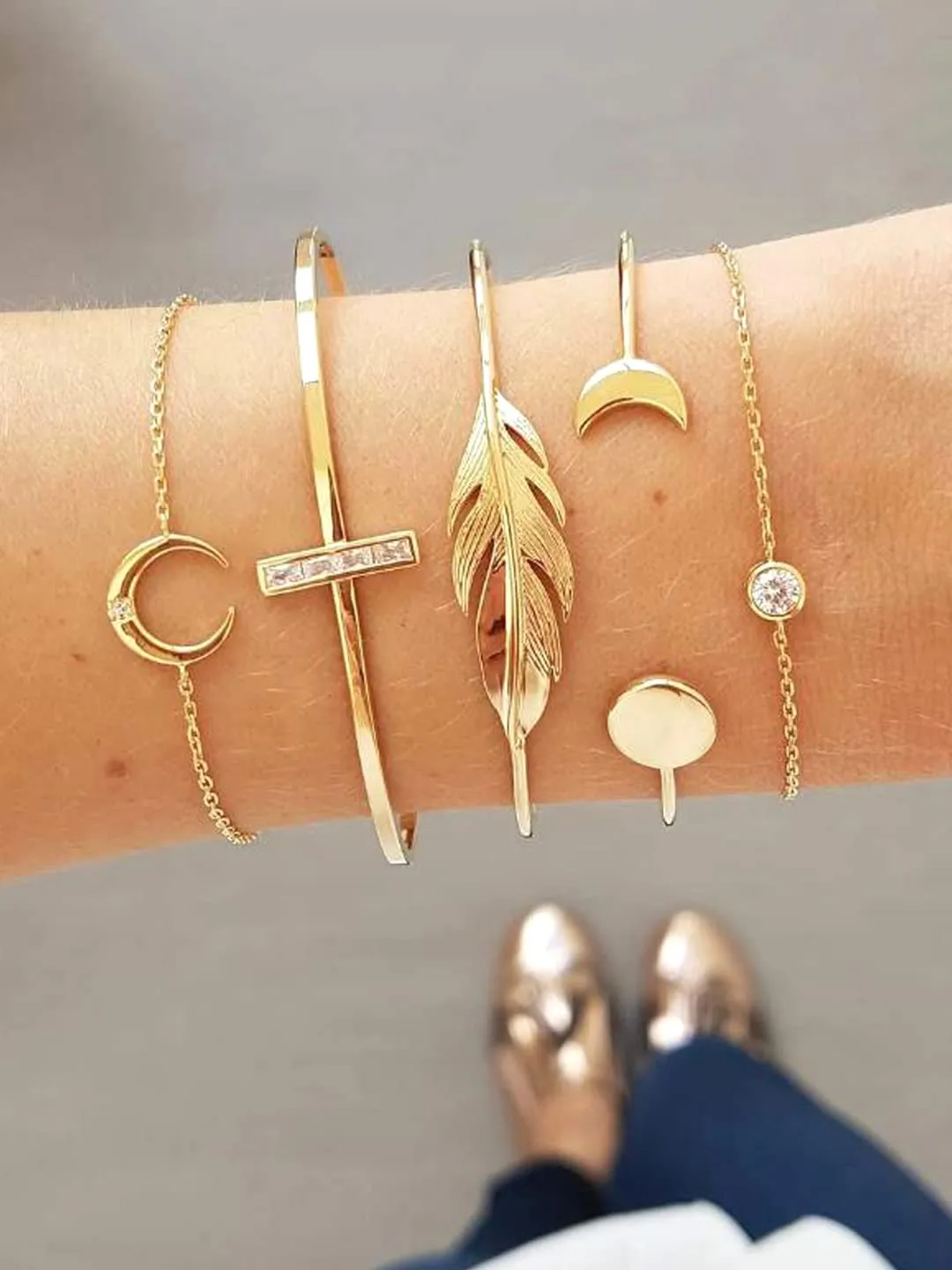 Yellow Chimes Combo Bracelets for Women 5 PCs Gold Plated Multi Design Charm Openable Kada Adjustable Bracelets Set for Women and Girls