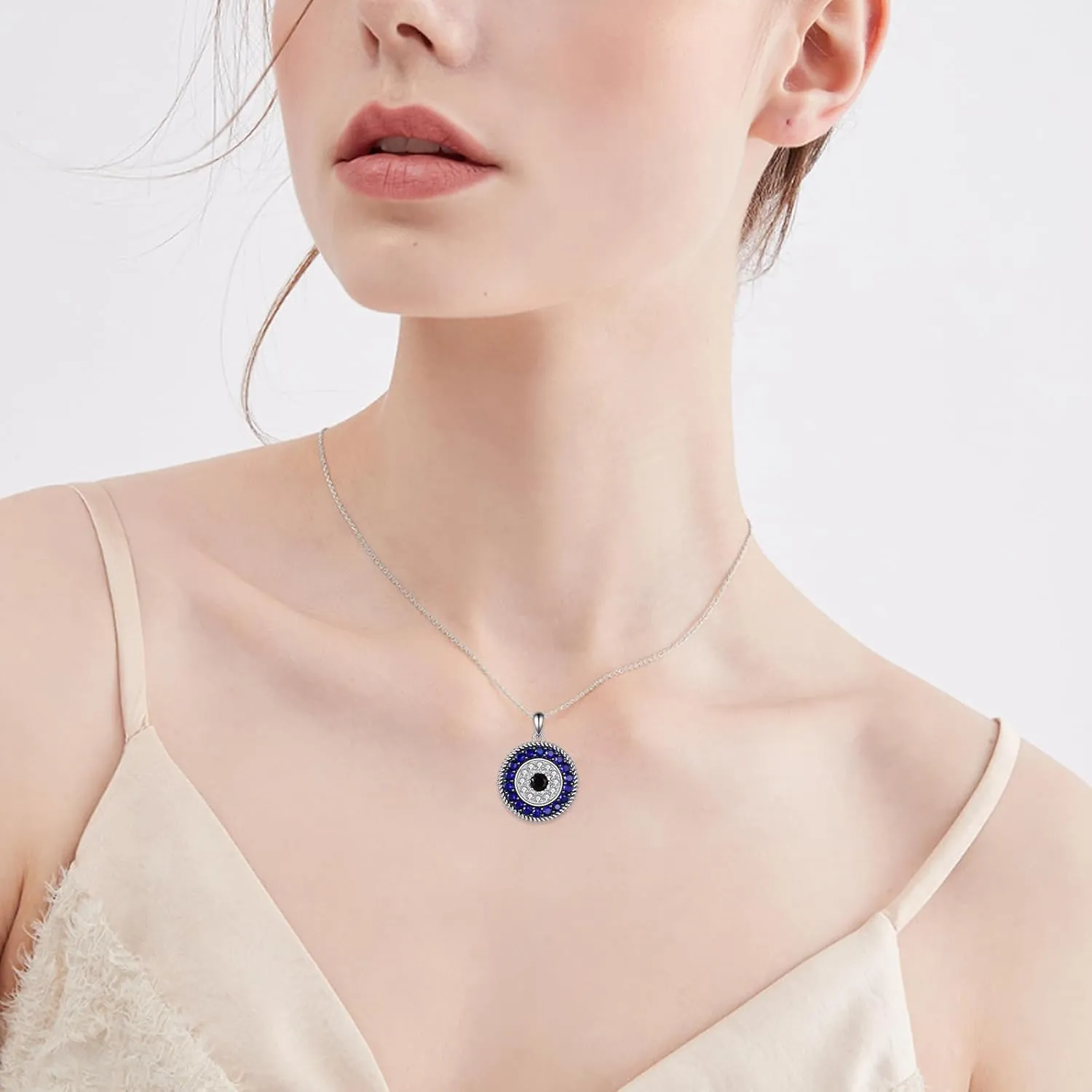 YFN Evil Eye Pendant Necklace for Women 925 Sterling Silver Greek Protection Jewelry with Blue Sapphire and Black Cz Amulet Gift