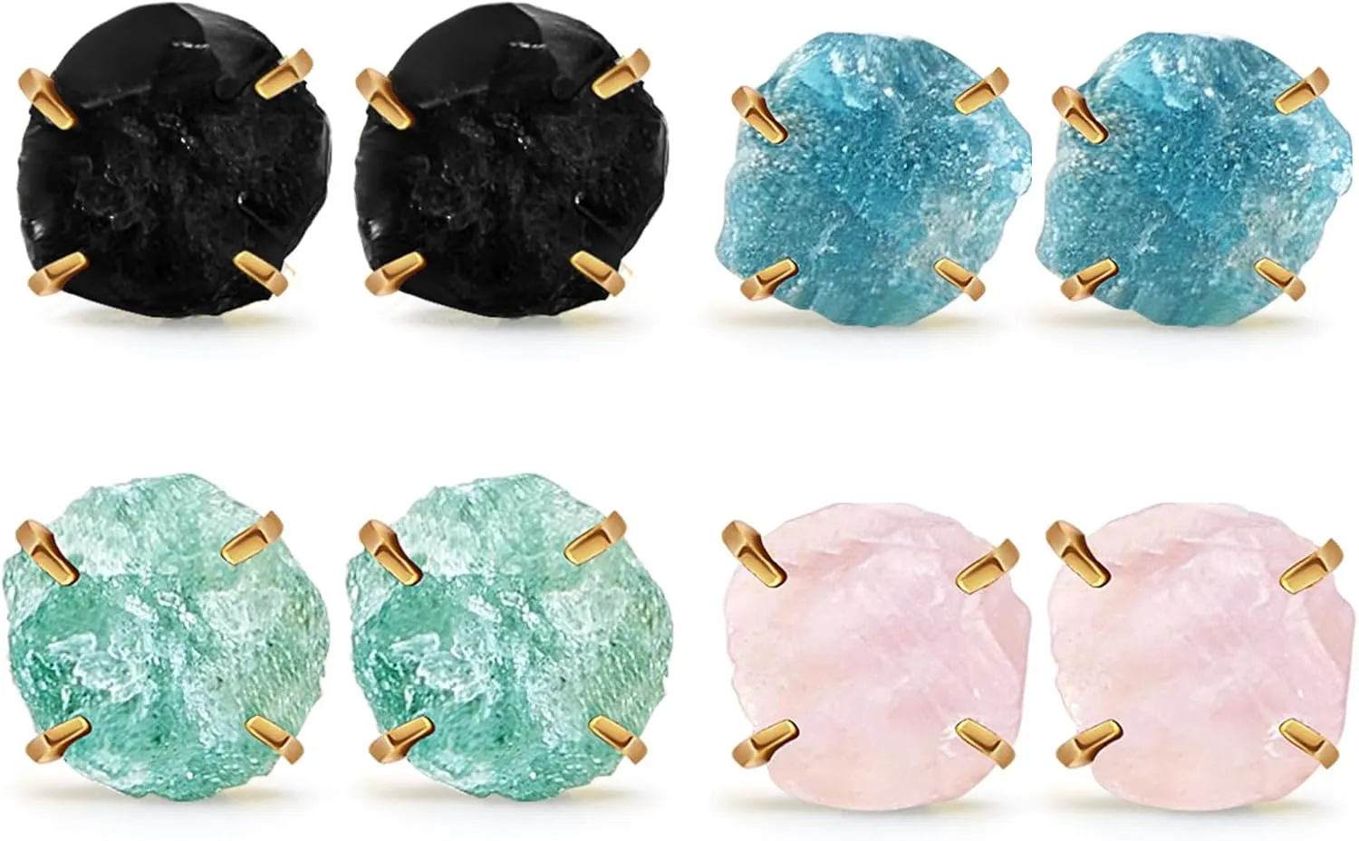 Yinkin 4 Pairs Natural Raw Black Tourmaline Crystal Stud Earrings Real Raw Rose Quartz Green Amazonite Birthstone Crystal with Gold Plated Prong Setting Gift for Women Jewelry