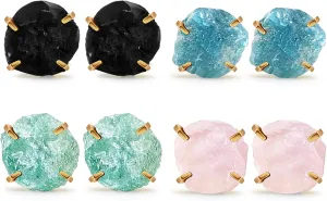 Yinkin 4 Pairs Natural Raw Black Tourmaline Crystal Stud Earrings Real Raw Rose Quartz Green Amazonite Birthstone Crystal with Gold Plated Prong Setting Gift for Women Jewelry