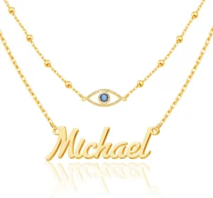 Yoke Style Evil Eye Necklaces for Women, 18K Gold Plated Custom Layered Name Necklace Turkish Protection Jewelry Gifts for Her