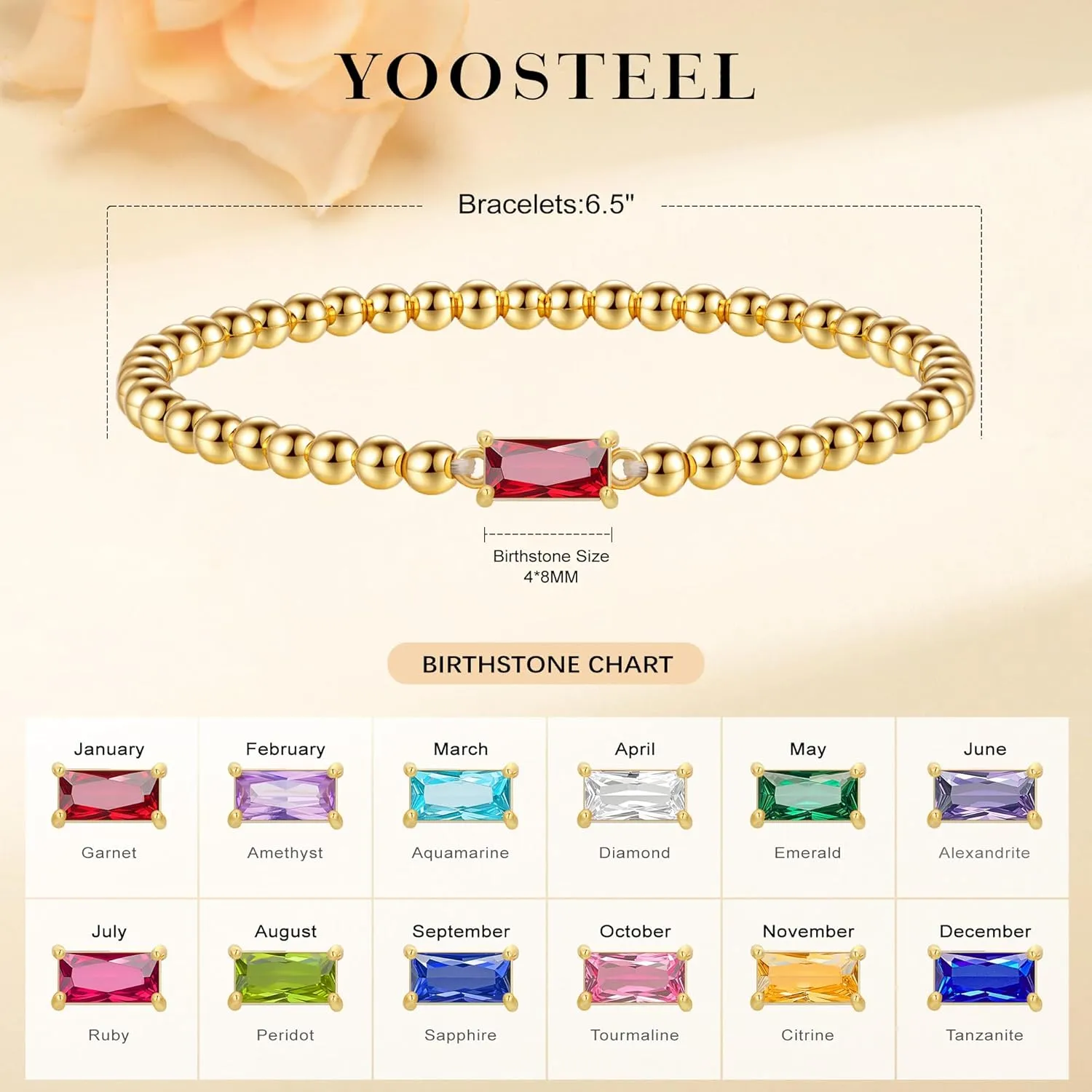 Yoosteel Dainty Birthstone Bracelet for Women - 14K Gold Plated Bead Elastic Bangle Bracelets Trendy Friendship Birthday Jewelry Gifts for Women