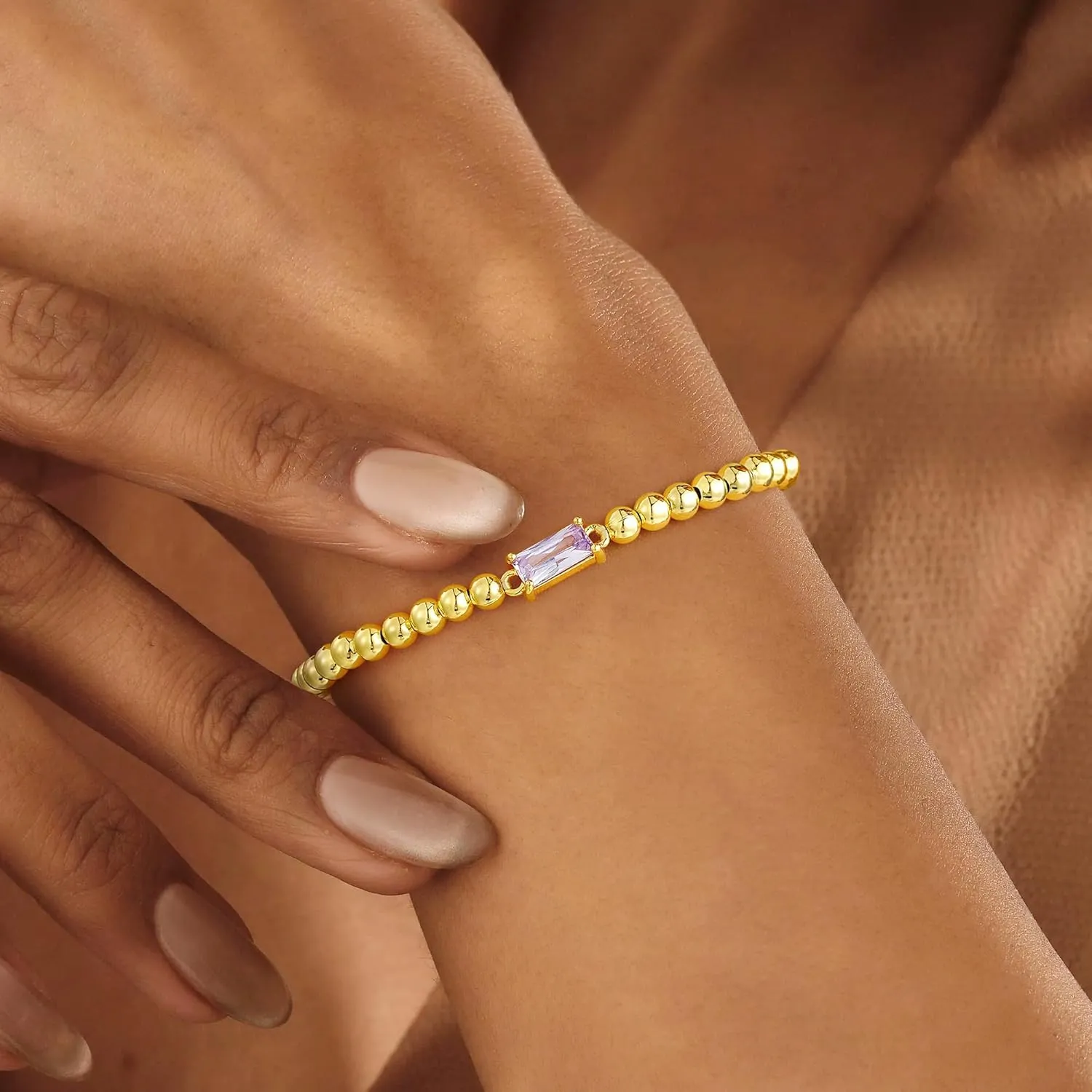 Yoosteel Dainty Birthstone Bracelet for Women - 14K Gold Plated Bead Elastic Bangle Bracelets Trendy Friendship Birthday Jewelry Gifts for Women