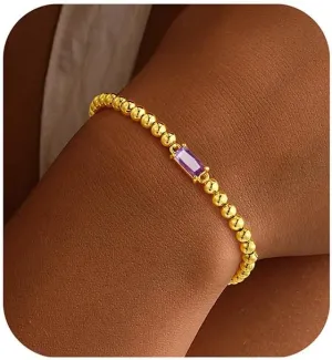 Yoosteel Dainty Birthstone Bracelet for Women - 14K Gold Plated Bead Elastic Bangle Bracelets Trendy Friendship Birthday Jewelry Gifts for Women