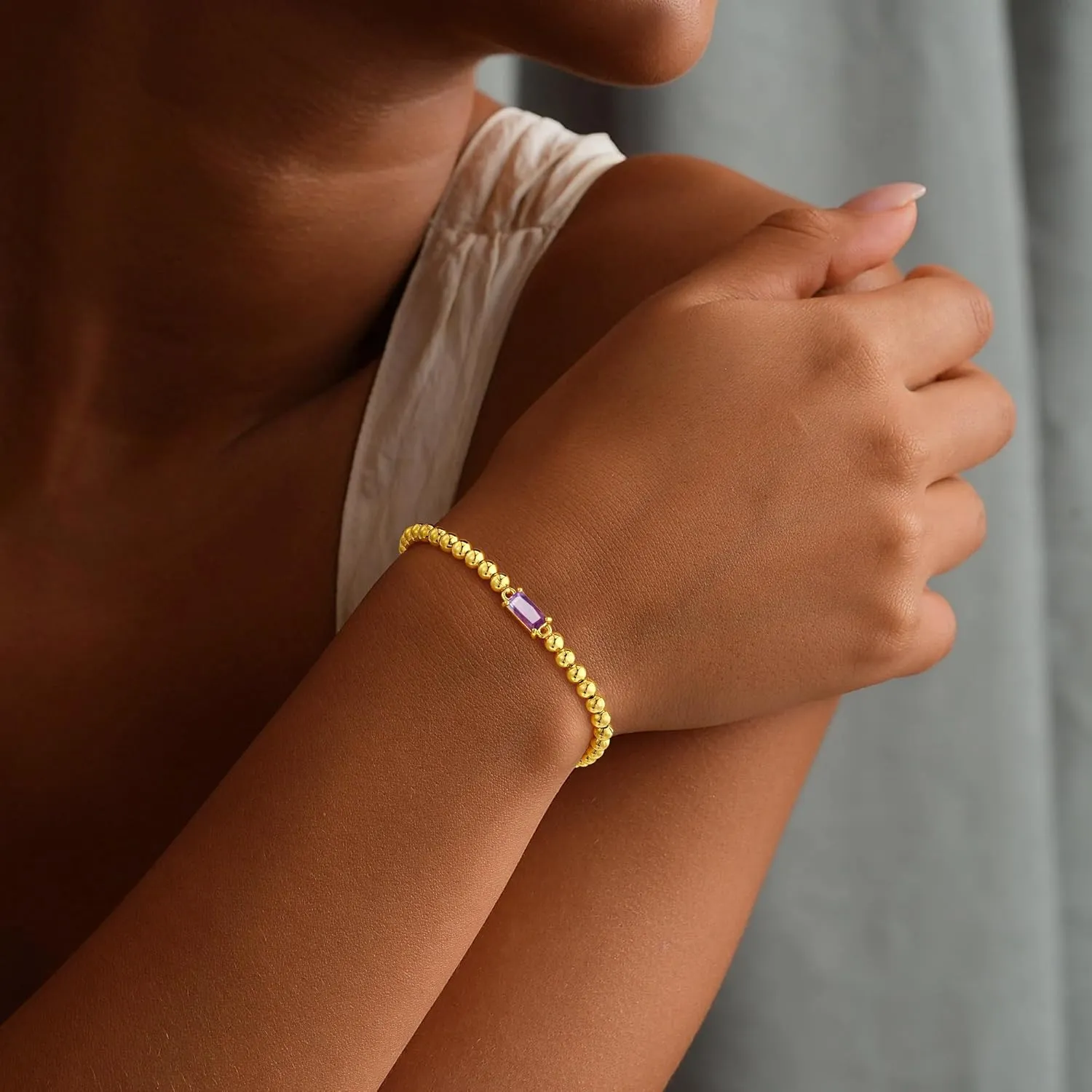 Yoosteel Dainty Birthstone Bracelet for Women - 14K Gold Plated Bead Elastic Bangle Bracelets Trendy Friendship Birthday Jewelry Gifts for Women