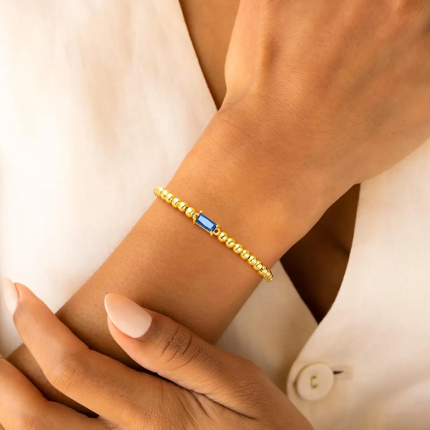 Yoosteel Dainty Birthstone Bracelet for Women - 14K Gold Plated Bead Elastic Bangle Bracelets Trendy Friendship Birthday Jewelry Gifts for Women