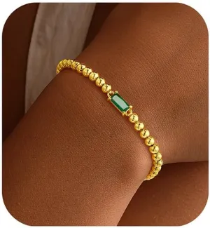 Yoosteel Dainty Birthstone Bracelet for Women - 14K Gold Plated Bead Elastic Bangle Bracelets Trendy Friendship Birthday Jewelry Gifts for Women