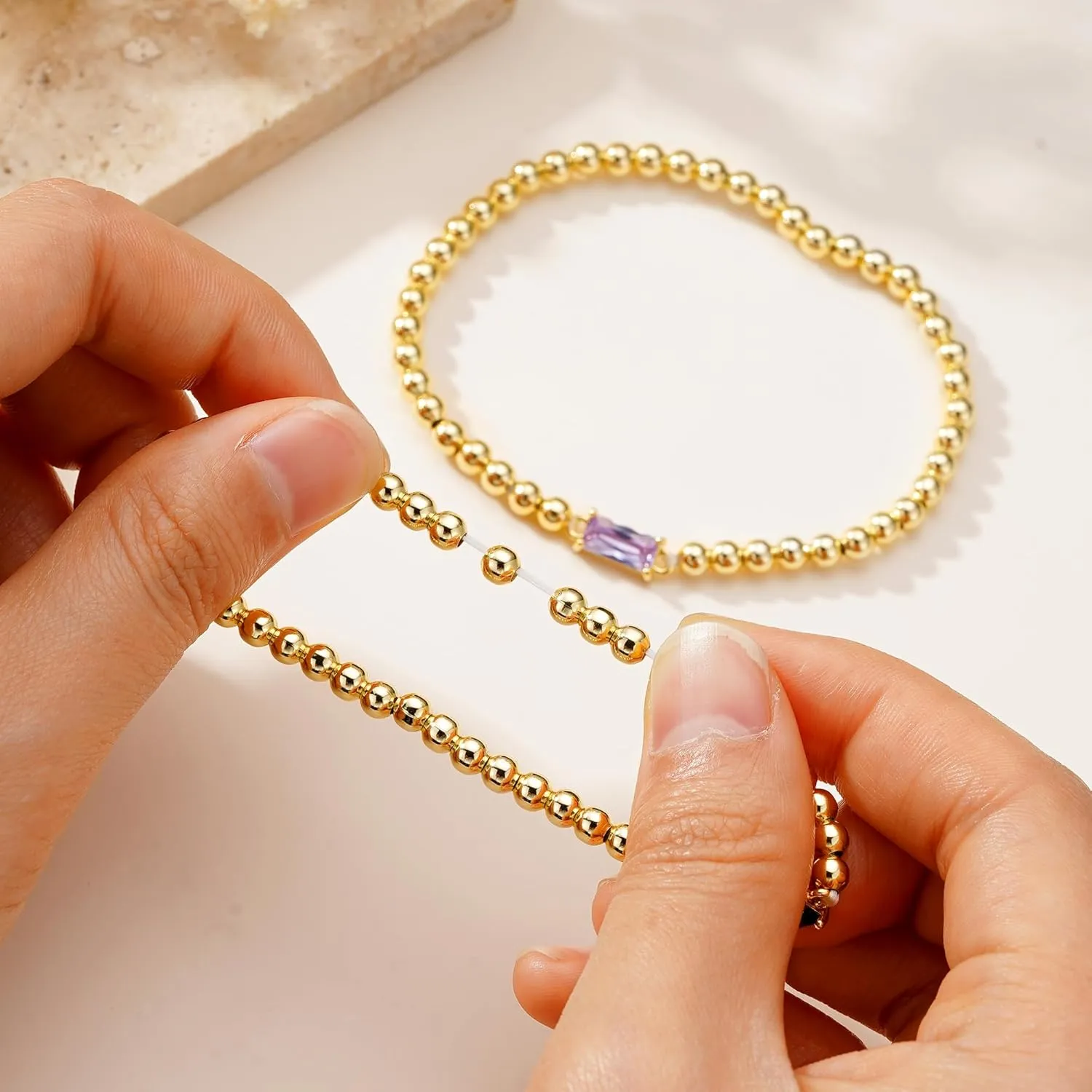 Yoosteel Dainty Birthstone Bracelet for Women - 14K Gold Plated Bead Elastic Bangle Bracelets Trendy Friendship Birthday Jewelry Gifts for Women