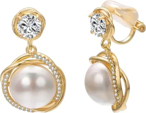 Yoursfs Pearl Clip On Earrings With Cubic Zirconia 18K Gold Plated Drop Pearl Earrings Women Non Pierced Fashion Jewelry
