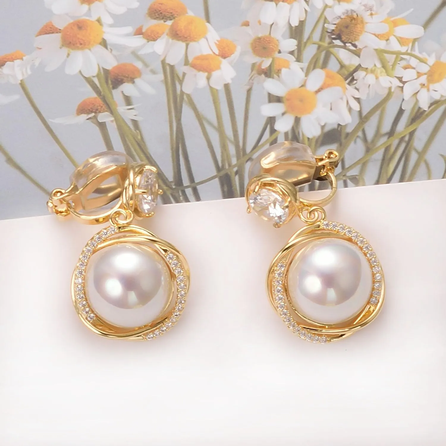 Yoursfs Pearl Clip On Earrings With Cubic Zirconia 18K Gold Plated Drop Pearl Earrings Women Non Pierced Fashion Jewelry