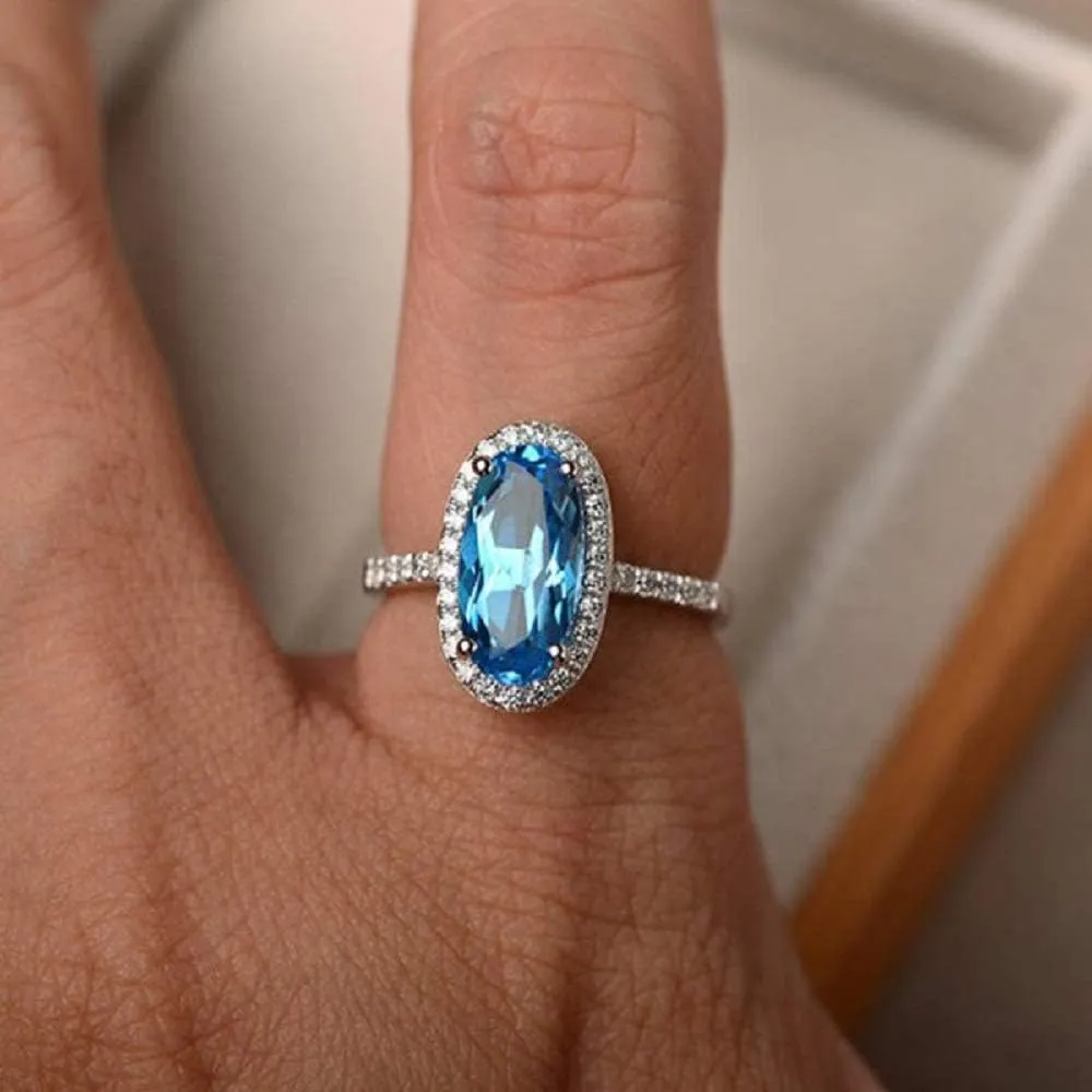 YUANYI Platinum Plated Vintage Fashion Natural Gemstone Oval Blue Topaz Anniversary Engagement Women's Ring (US Code 10)