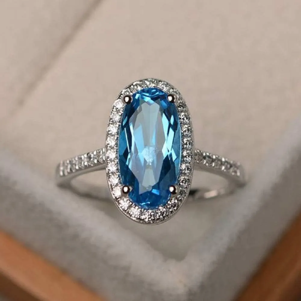YUANYI Platinum Plated Vintage Fashion Natural Gemstone Oval Blue Topaz Anniversary Engagement Women's Ring (US Code 10)