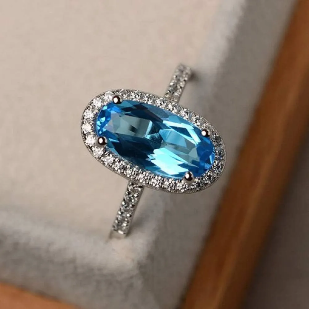 YUANYI Platinum Plated Vintage Fashion Natural Gemstone Oval Blue Topaz Anniversary Engagement Women's Ring (US Code 10)