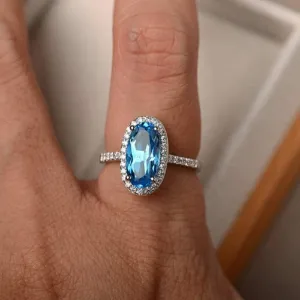 YUANYI Platinum Plated Vintage Fashion Natural Gemstone Oval Blue Topaz Anniversary Engagement Women's Ring (US Code 10)