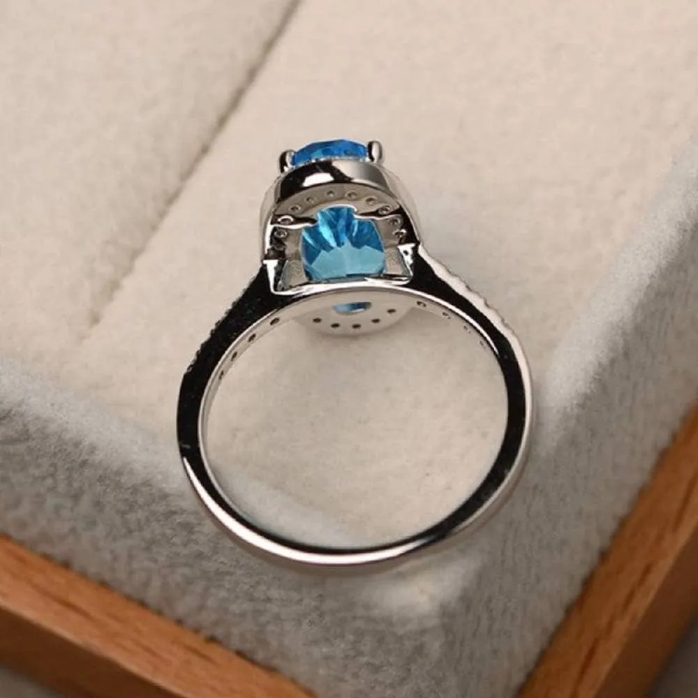 YUANYI Platinum Plated Vintage Fashion Natural Gemstone Oval Blue Topaz Anniversary Engagement Women's Ring (US Code 10)