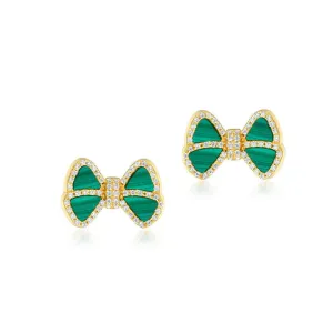 Zircon Malachite Bowknot Sterling Silver Stud Earrings