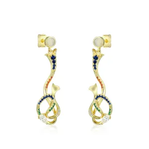 Zircon Ribbon Design with Opal Stone Silver Drop Earrings for Women