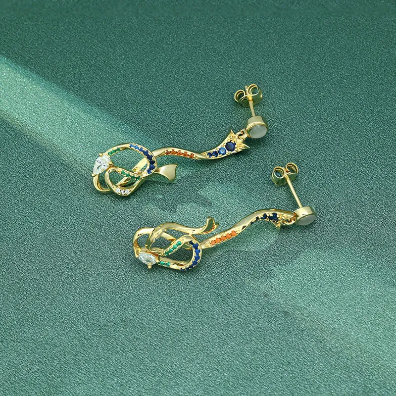 Zircon Ribbon Design with Opal Stone Silver Drop Earrings for Women